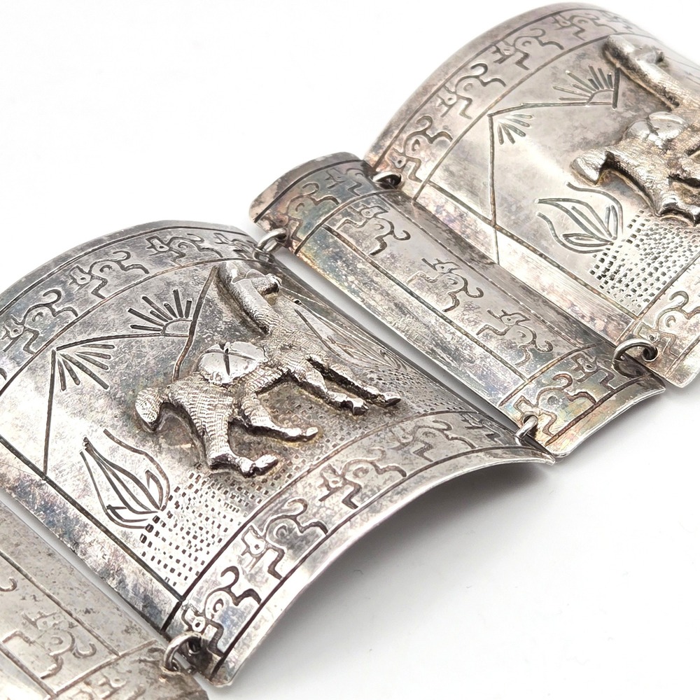 Vintage Peru Sterling Silver 900 Wide Cuff Panel Bracelet Llama - 7.5 in, 61.09g